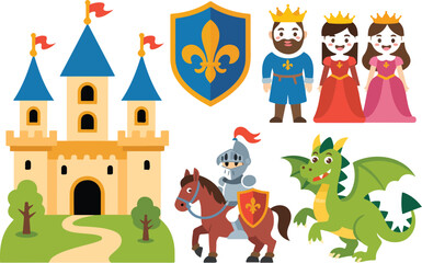 Fairy Tale Castle Adventure Vector Illustration King, Queen, Princess, and Knight
