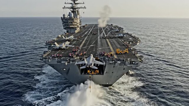 Aircraft carrier at sea with planes and crew