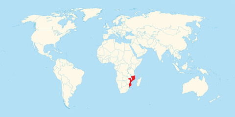 World map highlighting the location of Mozambique in red color on the southeast coast of Africa © Amir