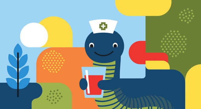 Stylized illustration of Medical leech character in a children's style with glass of red liquid. Medical cap and cross symbol enhance stylized illustration, featuring cheerful character.