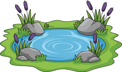 Cartoon Pond Vector Illustration Water, Rocks, Grass, and Cattails