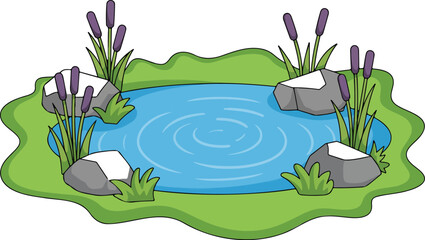 Cartoon Pond Vector Illustration Water, Rocks, Grass, and Cattails