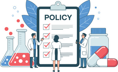 Healthcare Policy Vector Illustration Doctors, Clipboard, and Medical Checklist