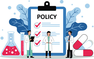 Healthcare Policy Vector Illustration Doctors, Clipboard, and Medical Checklist
