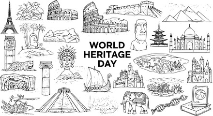 World Heritage Day Hand-Drawn Black and White Line Art Doodles featuring Global Cultural Landmarks, Natural Wonders, and Historical Sites for Travel and Education.