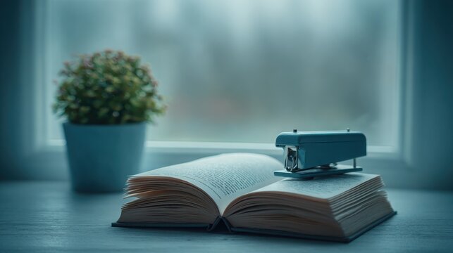 Open financial journal with neatly ruled lines and a blue stapler on a desk, soft focus background