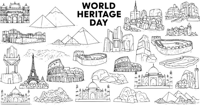 Hand-Drawn Black and White Line Art Set of World Heritage Day Famous Global Landmarks, Historical Monuments, and Natural Wonders.