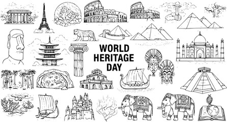 Obraz premium World Heritage Day Hand-drawn Sketch Line Art Collection: Global Travel, History, and Culture Icons Famous Landmarks Doodle Set