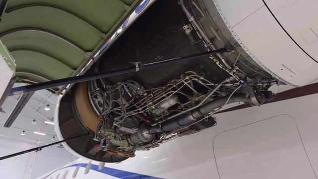 Aircraft Jet Engine Exposed During Maintenance Check In The Airport Hangar. - low angle shot