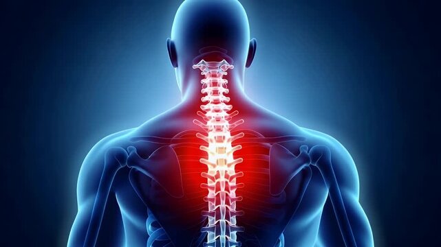 Human spine with highlighted neck pain area in glowing red