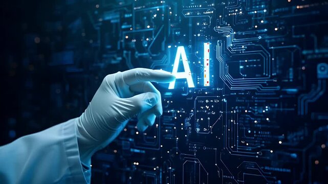 Gloved hand activating AI technology on futuristic circuit board interface