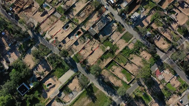 Drone view of empty lots of homes left behind from the Eaton fire, Pacific Palisades. January 2025, a series of 14 destructive wildfires affected the Los Angeles County in California, United States.