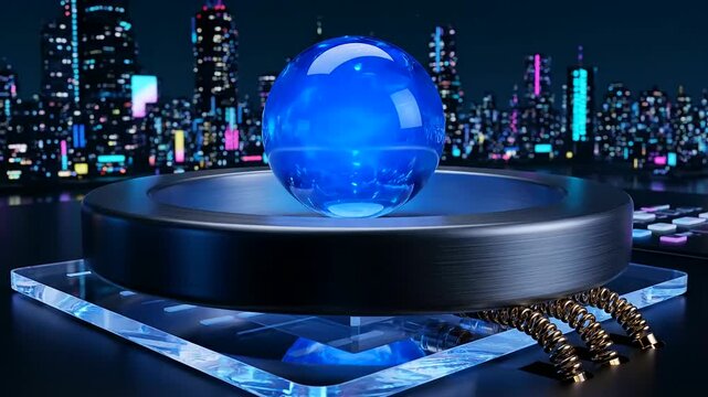 Dynamic quantum processor orchestrates a glowing blue sphere, embodying a powerful fusion reactor core within an advanced digital city.