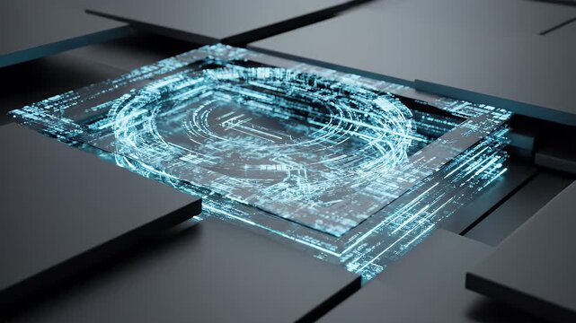 Futuristic digital circuit board technology with glowing blue energy and data transfer.