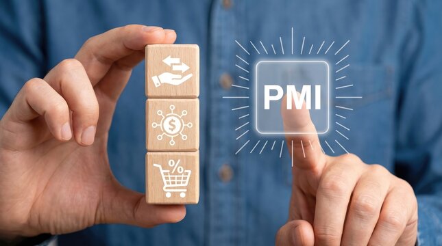 Person holding wooden blocks with business icons and PMI button