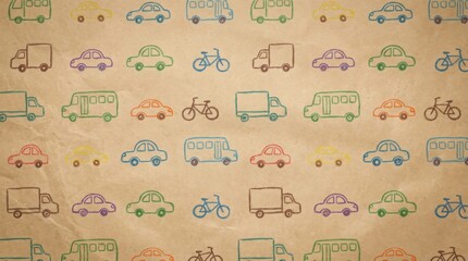 Cute Toy Cars and Trucks Crayon Sketch Pattern