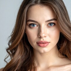 Fototapeta premium Portrait of a woman with captivating blue eyes and flowing brown hair