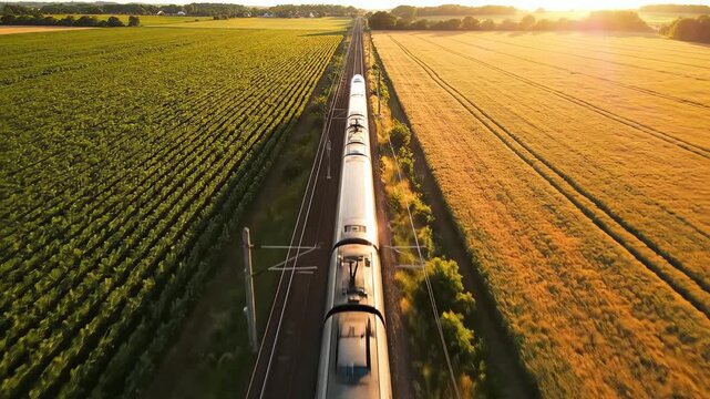 Train traveling through agricultural fields