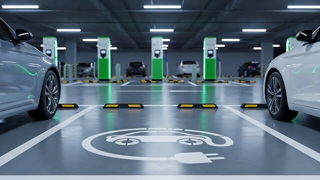 Modern electric vehicle charging station in a well-lit underground parking garage with designated spots.