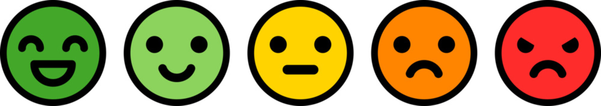 5段階評価の表情アイコンセット（色付き・満足度・感情レベル） Five-Level Facial Expression Rating Icons Color Set

