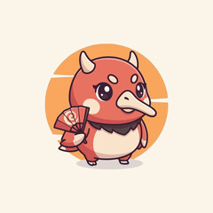 Naklejka premium Cute Red Oni Bird Character Holding a Fan.