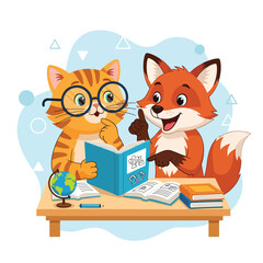 Cartoon Cat and Fox Studying Together