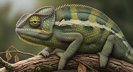 Obraz premium A vibrant green chameleon perched on a branch, showcasing its unique camouflage and detailed texture in a natural forest setting from a side view.