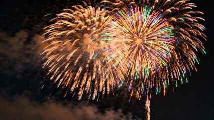 Colorful fireworks explode in the night sky, creating vibrant patterns against dark clouds.