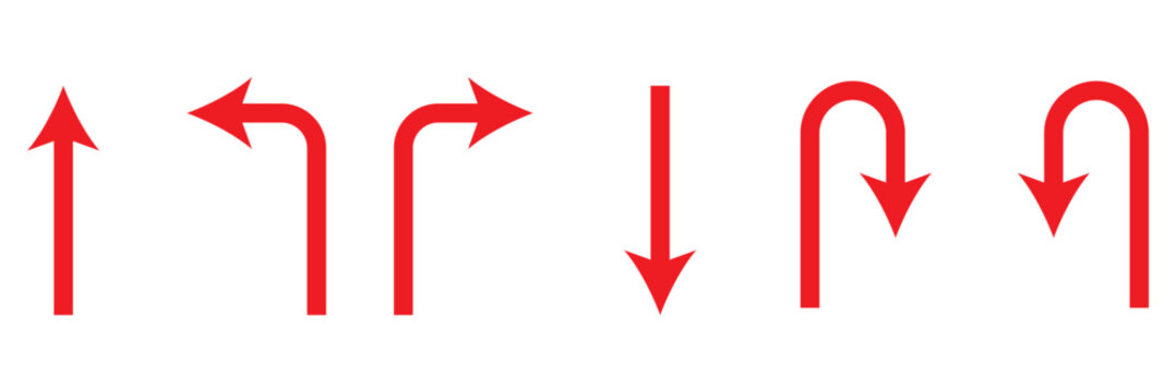 Set of black directional arrow icons including U turn, right turn, left turn, and straight arrows. Simple vector signs for traffic, navigation, and road directions