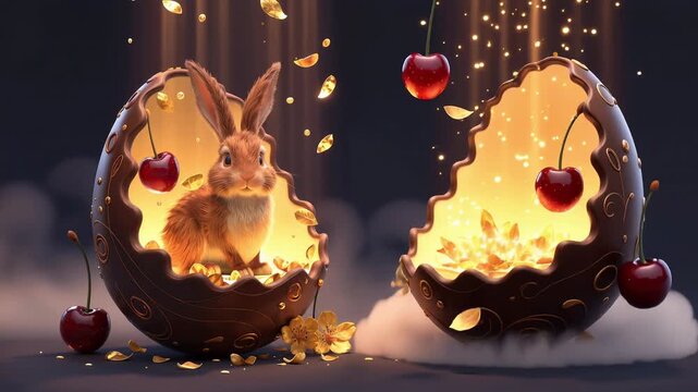 a cute, fluffy brown rabbit with closed eyes, sitting inside a broken chocolate egg. The chocolate egg has a glossy surface with swirl patterns