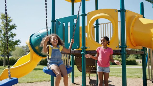 Two girls playing on playground equipment