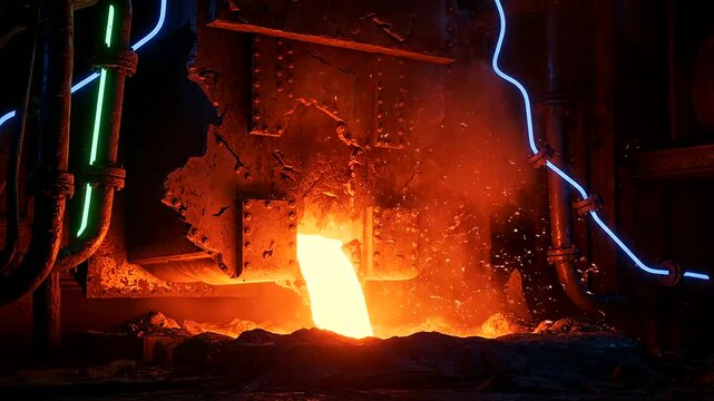 Radiant molten metal ignites the dark factory floor, symbolizing the immense energy harnessed within a powerful fusion reactor core, optimized by a cutting-edge quantum processor.