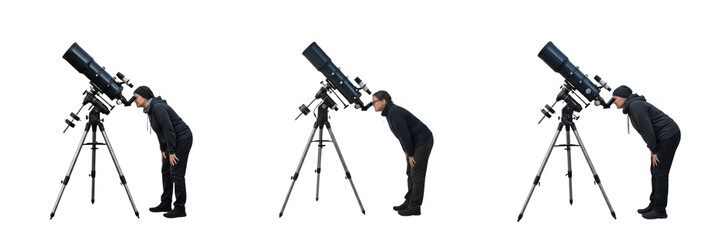 Man looking through professional astronomical telescope on white background © Rama