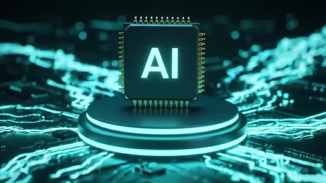 AI integrated circuit, showcasing the forefront of technology with digital design and data processing capabilities. The image represents the central processing unit of artificial intelligence