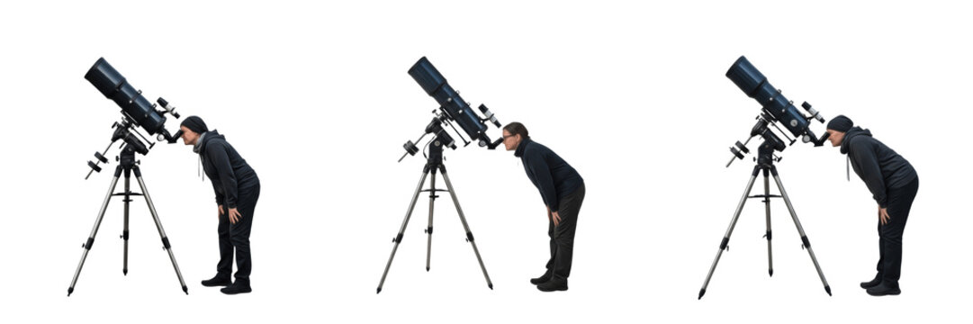 Man looking through professional astronomical telescope on white background