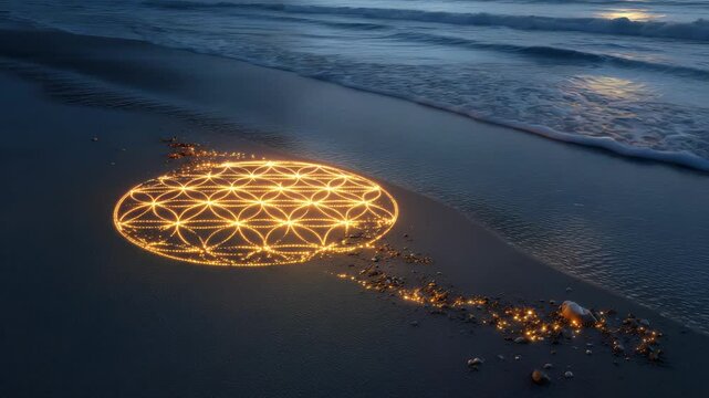 A glowing flower of life symbol is drawn in sand on the beach. Waves roll in, slowly washing toward the symbol as the sun sets in the background, creating a unique moment of connection with nature