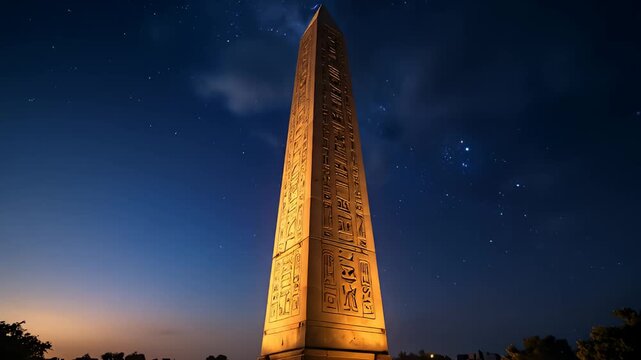 Illuminated Obelisk at Night - A Glimpse into Ancient Egyptian History.