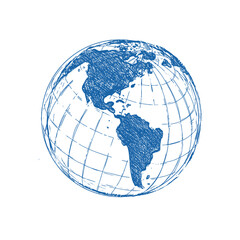 Globe sketch. Hand drawn earth planet with continents and oceans. Doodle world map vector illustration. Planet and world sketch map with ocean and land.