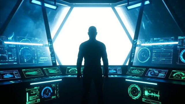 Futuristic command center with a silhouette figure overseeing glowing holographic displays and advanced data, orchestrating the power of a quantum processor and crucial fusion reactor core.
