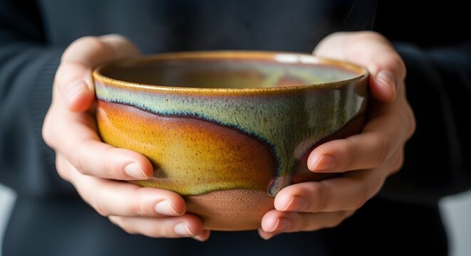 Hands holding ceramic bowl warm colors and textured surface