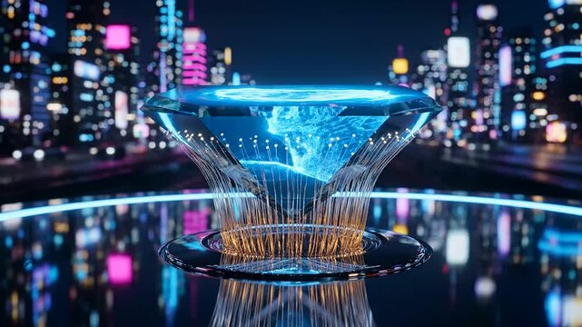 A mesmerizing futuristic quantum processor and fusion reactor core concept, glowing with vibrant blue energy, intricately connected by shimmering fiber optic strands against a neon-lit cityscape