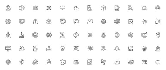 Project Management icon set. Vector illustration with symbols for agile, workflow, brainstorming, analysis, budgeting, and more. Editable stroke icons.