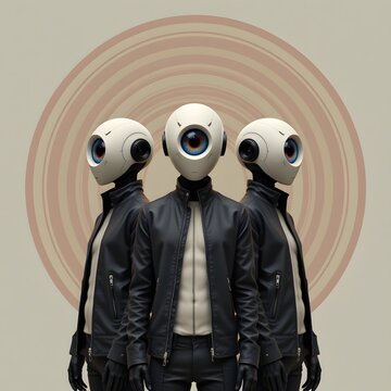 Futuristic Robots in Stylish Outfits with Unique Eye Designs Surrounded by Abstract Circular Patterns for Sci-Fi and Technology Themes
