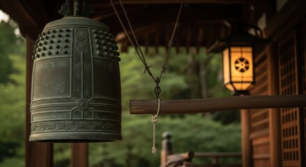 Obraz premium Ancient bronze bell hangs near a glowing paper lantern