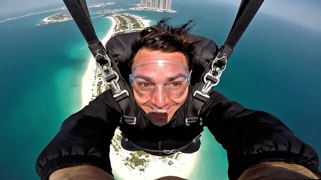 Exhilarated skydiver captures a thrilling selfie during an incredible freefall over Dubai's iconic Palm Jumeirah, showcasing breathtaking panoramic views