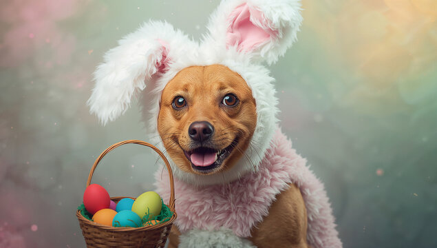 うさぎの着ぐるみ風衣装を着た犬、イースターの雰囲気を明るく演出できるペット表現.生成AI