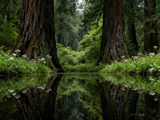 Fototapeta premium Reflection of tall trees in a calm forest pond surrounded by greenery and wildflowers
