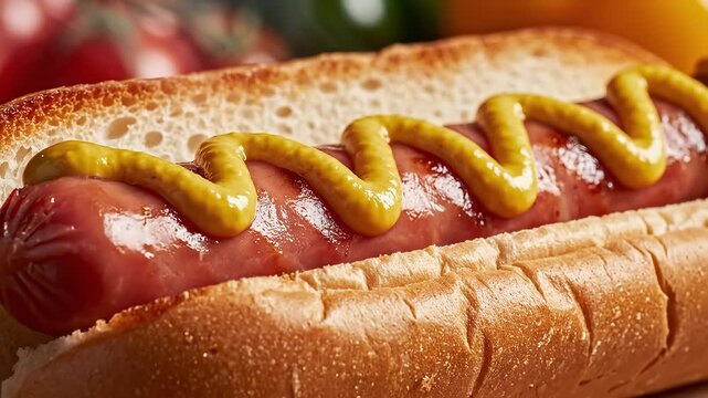 Hot dog with mustard on bun