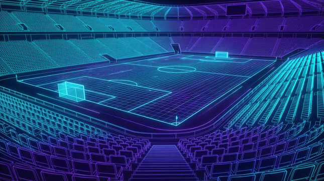 Striking neon blue and purple wireframe visualization of a massive football stadium. This digital abstract rendering features empty stands, a field grid, and glowing goalposts, suggesting advanced tec
