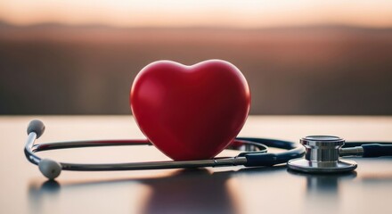 Red heart & stethoscope, sunset backdrop, medical theme